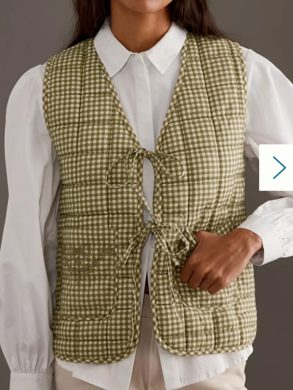Quilted Gingham Tie-Front Vest in Olive Green